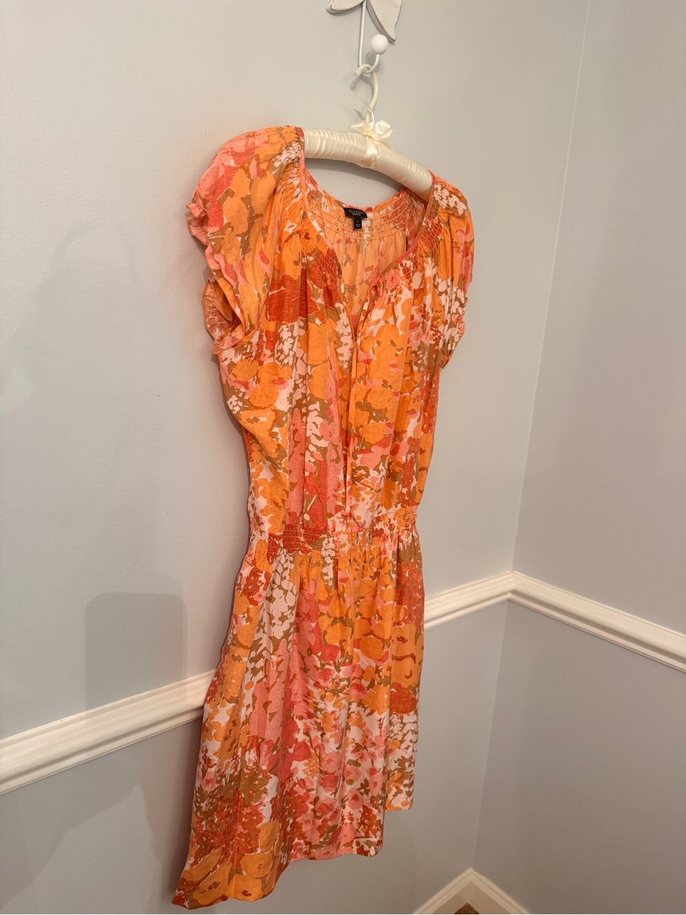 Talbots Silk Floral Dress Orange Pink Smocked Waist Cap Sleeve L - Picture 3 of 10